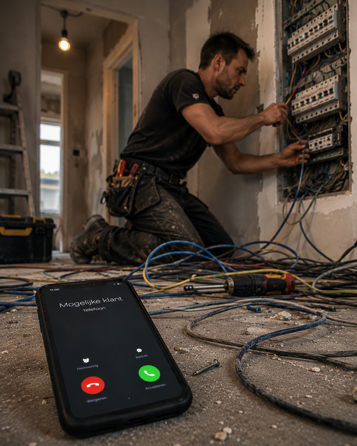 Elektricien werkt geknield aan een groepenkast vol bedrading, terwijl op de vloer zijn telefoon gaat met een oproep van een mogelijke klant