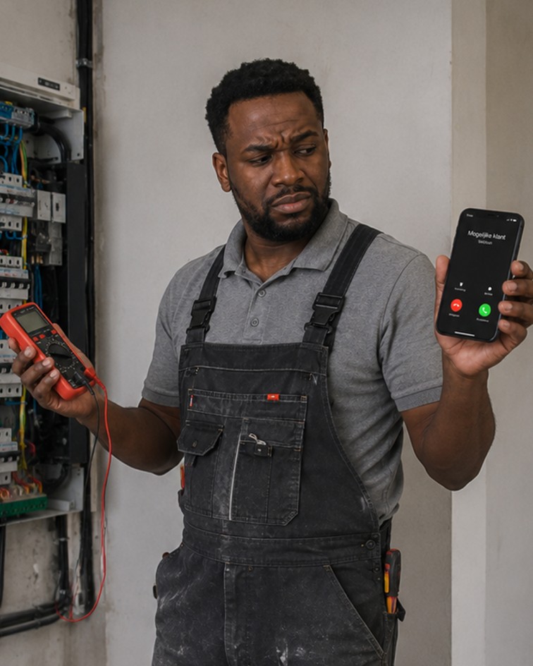 Installateur met een multimeter in zijn hand kijkt naar zijn telefoon, waarop een oproep van een mogelijke klant binnenkomt