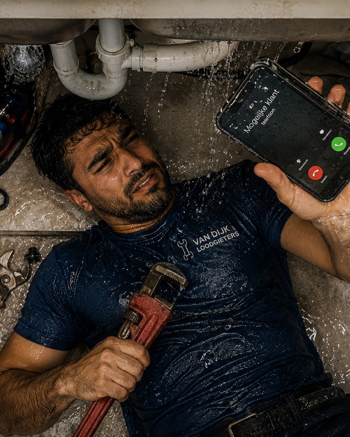 Loodgieter onder de wastafel bij een lekkage, terwijl de telefoon gaat met een oproep van een mogelijke klant