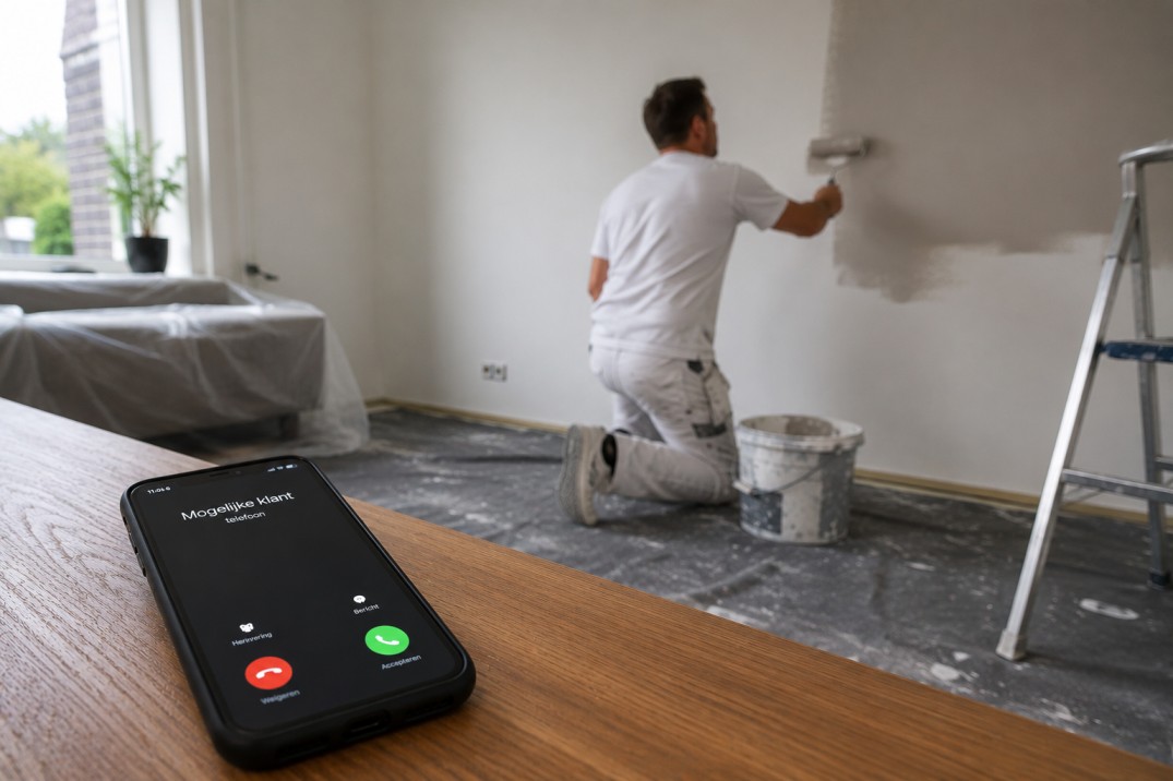 Telefoon op tafel met een oproep van een mogelijke klant, terwijl de schilder op zijn knieën de muur rolt