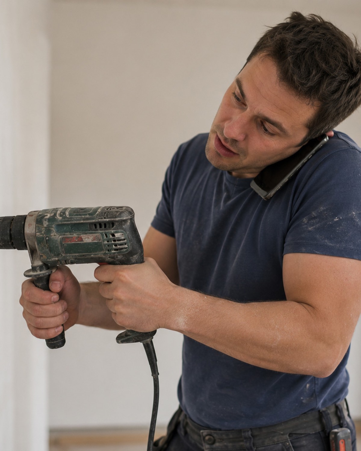 Timmerman boort met twee handen terwijl hij zijn telefoon tussen schouder en oor geklemd houdt